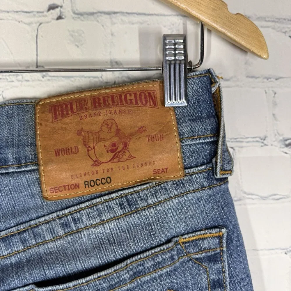 True Religion Rocco Mens 30 Made USA Distressed Slim Jeans Y2K Medium Wash Denim